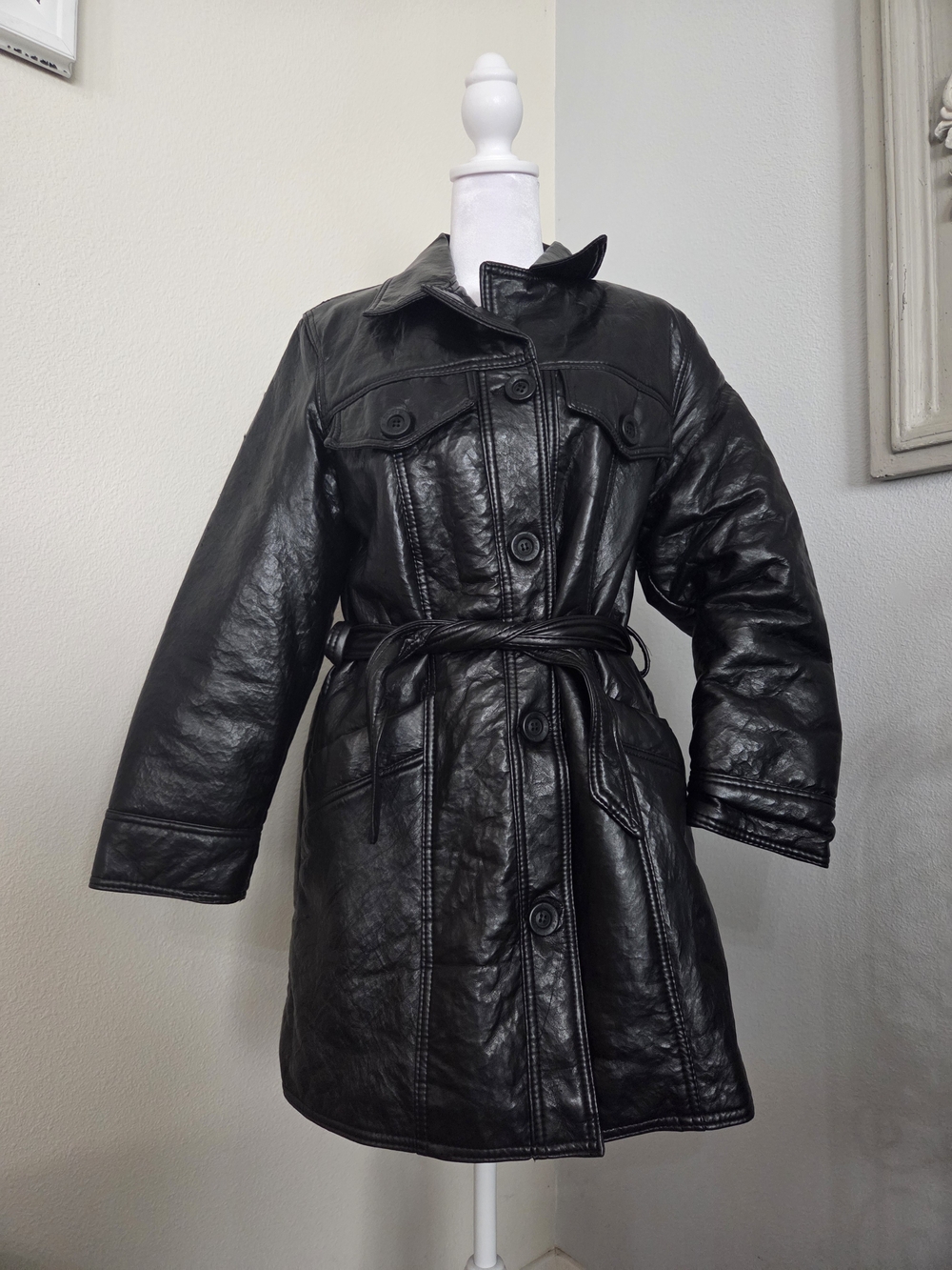 VINTAGE Black Leather Belted Trench Coat